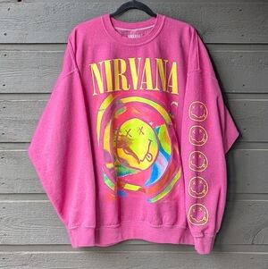 Urban Outfitters Nirvana Smiley Face Pink Oversized Crew Sweatshirt Size S/M